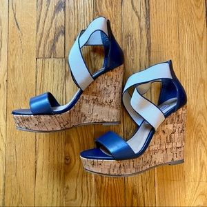 Steve Madden EDDNA Navy Platform Wedge Sandals Elastic Ankle Strap Womens 5